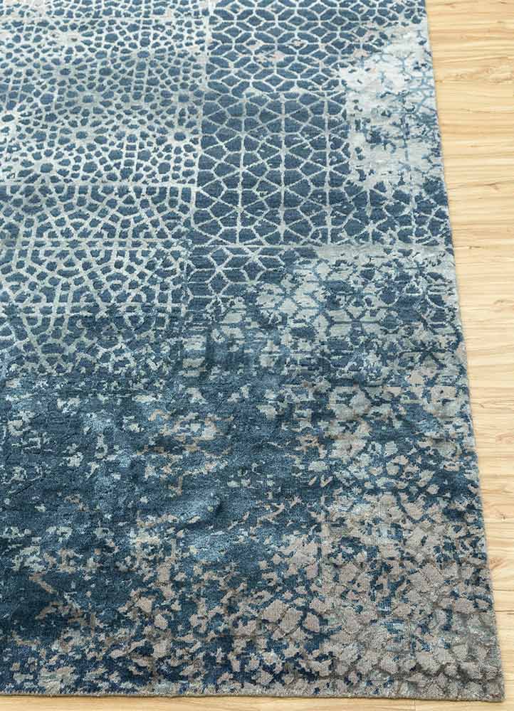 chaos theory by kavi blue wool and bamboo silk Hand Knotted Rug - Corner